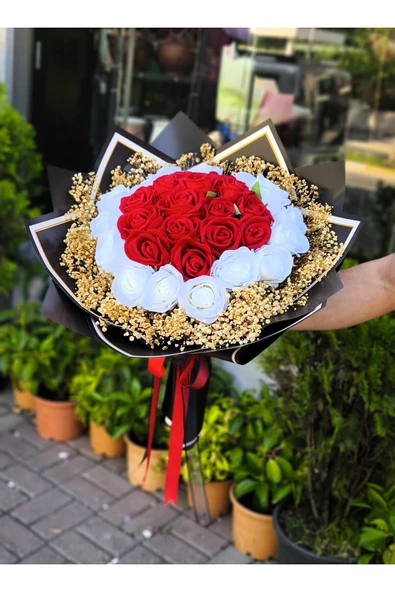 KIZ İSTEME,SÖZ,NİŞAN,TANIŞMA BUKETİ KADİFE YAPAY KIRMIZI-BEYAZ GÜL BUKLETİ - Resim 5