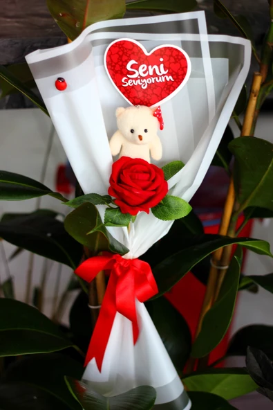 TEKLİ AYICIK BUKETİ & GÜL & SENİ SEVİYORUM KARTI Yıldönümü Doğum Gününe Özel Sevgiliye Hediye ürün görseli