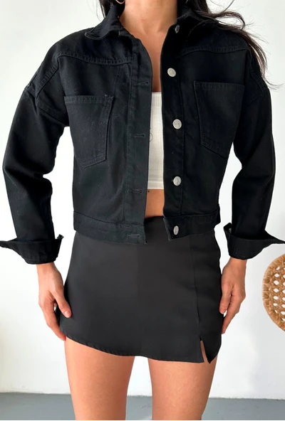 Çift cepli kol katlamalı süper taş enzim yıkamalı crop kot ceket siyah d2000 - Resim 2