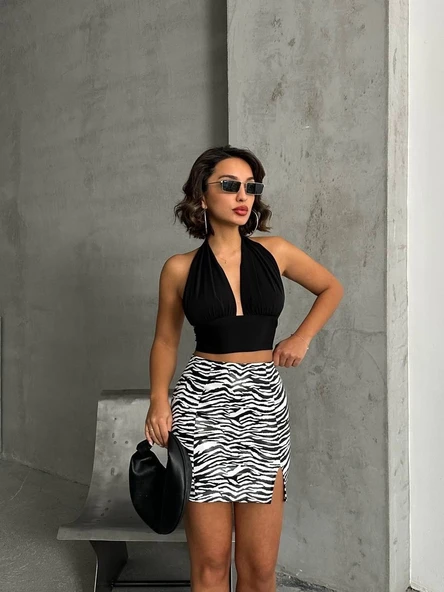 Tek yırtmaçlı zebra desenli deri etek beyazsiyah w24475-S - Resim 3