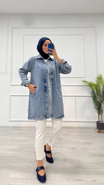 Taşlı tunik ceket kar yıkamalı mavi d2516 - Resim 2