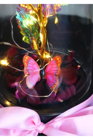 FANUS İÇERİSİNDE PERİ LED IŞIKLI KELEBEKLİ ÇİÇEK SOLMAYAN SONSUZLUK GÜLÜ SEVDİKLERİNİZE HEDİYE - Resim 3