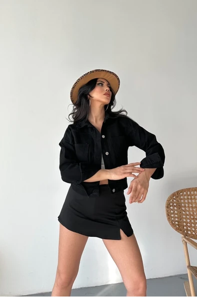 Çift cepli kol katlamalı süper taş enzim yıkamalı crop kot ceket siyah d2000 - Resim 3