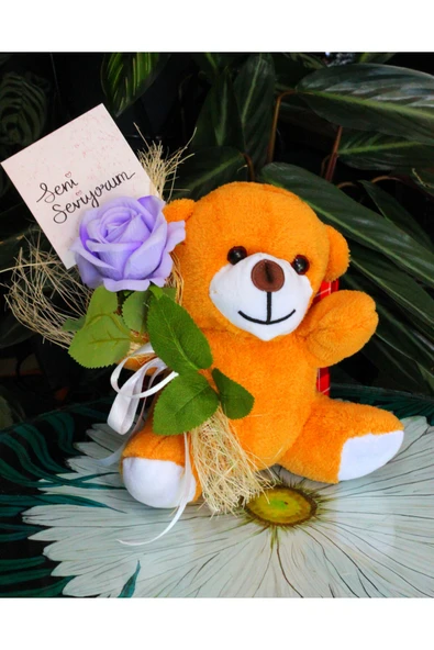ELİNDE KADİFE GÜL & SENİ SEVİYORUM KARTI TUTAN 25cm PELUŞ AYI SEVDİKLERİNİZE ÖZEL GÜN HEDİYESİ - Resim 2