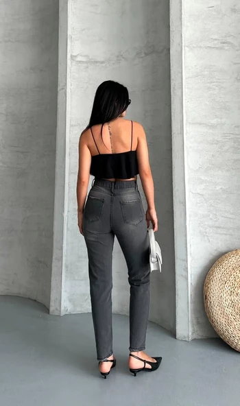 Mom fit enzim taş yıkama jeans pantolon füme d2006 - Resim 3