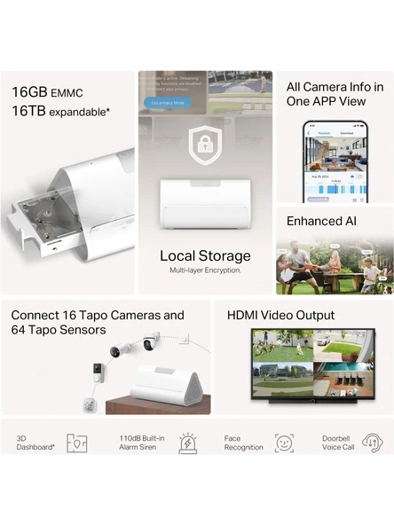 TP-Link Tapo 1H500 HomeBase 1TB SSD / Yapayzeka Kamera Depolama Merkezi / 16GB Dahili Hafıza / Smart Homebase / AI Yüz Tanıma / 64 Sensör ve 16 Kamera Desteği - Resim 3