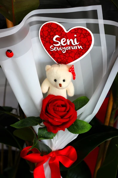 TEKLİ AYICIK BUKETİ & GÜL & SENİ SEVİYORUM KARTI Yıldönümü Doğum Gününe Özel Sevgiliye Hediye - Resim 5