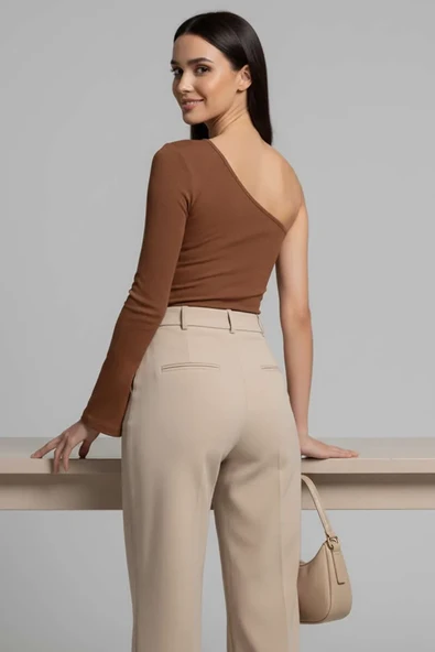 Tek Omuzlu Basic Bluz kahve T4275 - Resim 2