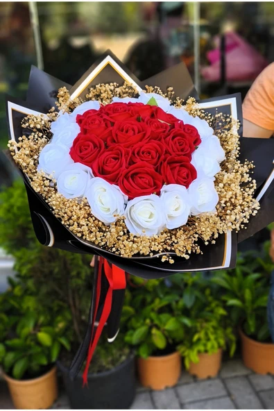 KIZ İSTEME,SÖZ,NİŞAN,TANIŞMA BUKETİ KADİFE YAPAY KIRMIZI-BEYAZ GÜL BUKLETİ - Resim 3