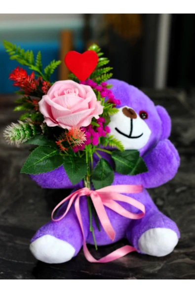 KUCAĞINDA PEMBE GÜL BUKETİ TUTAN 25cm SEVİMLİ PELUŞ AYICIK SEVDİKLERİNİZE HEDİYE - Resim 2
