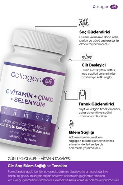 Collagen Life 5 Tip Kolajen Tip 1, Tip 2, Tip 3, Tip 5 ,tip 10, ( Selenyum , C Vitamini Ve Çinko ) 90 Tablet - Resim 4