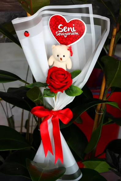 TEKLİ AYICIK BUKETİ & GÜL & SENİ SEVİYORUM KARTI Yıldönümü Doğum Gününe Özel Sevgiliye Hediye - Resim 4