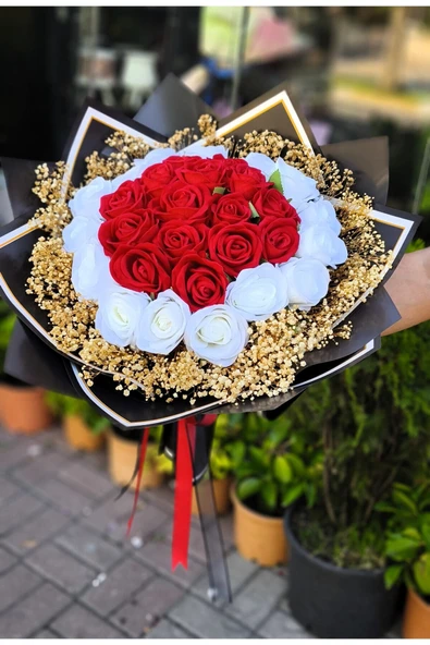 KIZ İSTEME,SÖZ,NİŞAN,TANIŞMA BUKETİ KADİFE YAPAY KIRMIZI-BEYAZ GÜL BUKLETİ - Resim 6