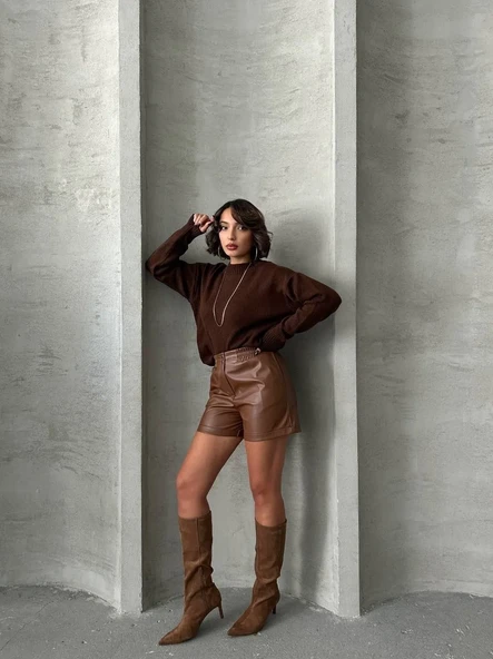 Beli lastikli çıtçıtlı deri şort kahve w241007 - Resim 2