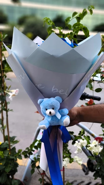 15'li KADİFE MAVİ GÜL BUKETİ KELEBEKLİ & AYICIKLI SEVDİKLERİNİZE ÖZEL GÜN HEDİYESİ - Resim 3