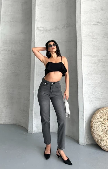 Mom fit enzim taş yıkama jeans pantolon füme d2006 - Resim 2