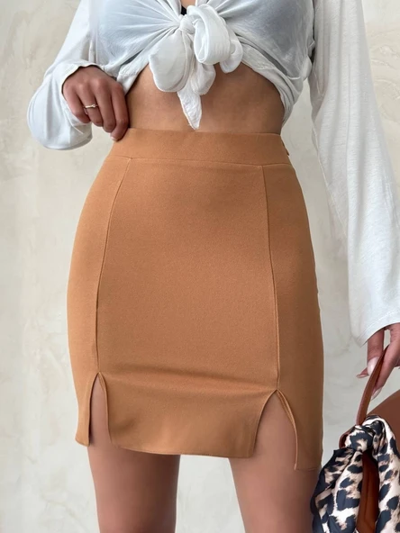 Çift yırtmaçlı etek camel s25910 ürün görseli 1