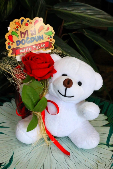 ELİNDE KADİFE GÜL & İYİ Kİ DOĞDUN KARTI TUTAN 25cm PELUŞ AYI SEVDİKLERİNİZE ÖZEL GÜN HEDİYESİ - Resim 2