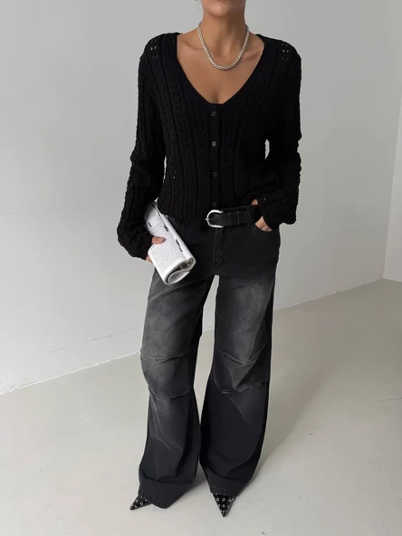 Küçük düğmeli küçük örgülü triko hırka siyah - Resim 2