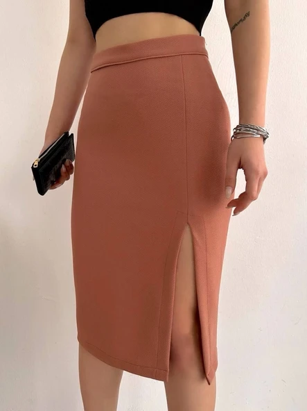 Uzun midi boy yırtmaçlı etek somon s24907 ürün görseli 1