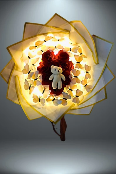 KELEBEK & GÜL & AYICIK BUKETİ IŞIKLI HARİKA TASARIM SEVDİKLERİNİZE ÖZEL GÜN HEDİYESİ - Resim 6