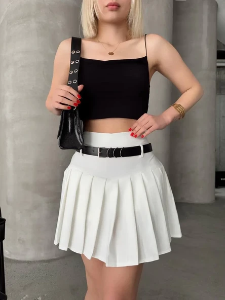 Kemerli piliseli şort etek beyaz s25305 ürün görseli 1