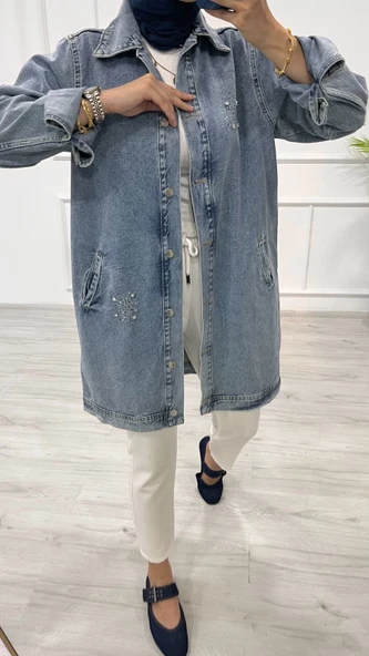 Taşlı tunik ceket kar yıkamalı mavi d2516 - Resim 5