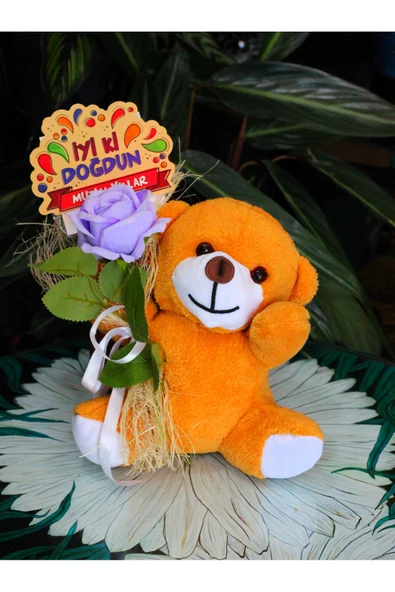 ELİNDE KADİFE GÜL & İYİ Kİ DOĞDUN KARTI TUTAN 25cm PELUŞ AYI SEVDİKLERİNİZE ÖZEL GÜN HEDİYESİ ürün görseli