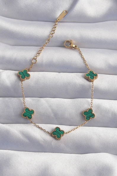 316L Çelik Baby Boy Gold Renk Çizgili Yeşil Mineli Yonca Bileklik ürün görseli 1