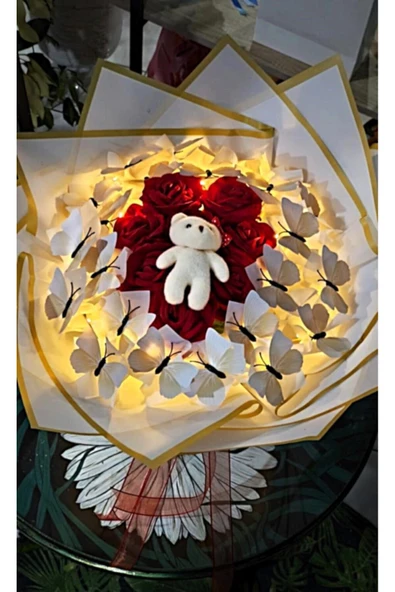 KELEBEK & GÜL & AYICIK BUKETİ IŞIKLI HARİKA TASARIM SEVDİKLERİNİZE ÖZEL GÜN HEDİYESİ - Resim 2