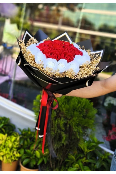 KIZ İSTEME,SÖZ,NİŞAN,TANIŞMA BUKETİ KADİFE YAPAY KIRMIZI-BEYAZ GÜL BUKLETİ - Resim 4