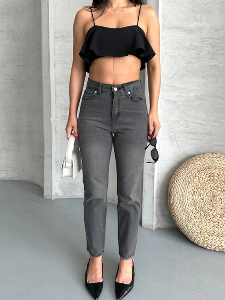 Mom fit enzim taş yıkama jeans pantolon füme d2006 - Resim 7