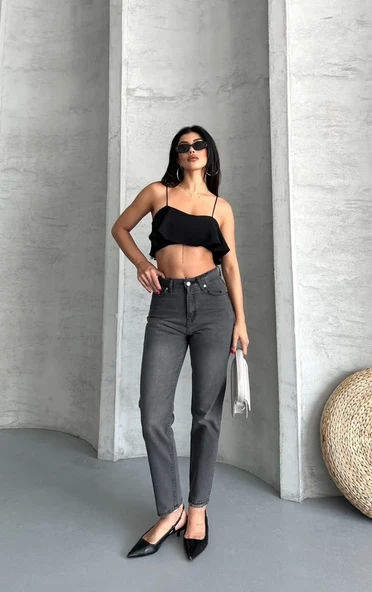 Mom fit enzim taş yıkama jeans pantolon füme d2006 - Resim 5