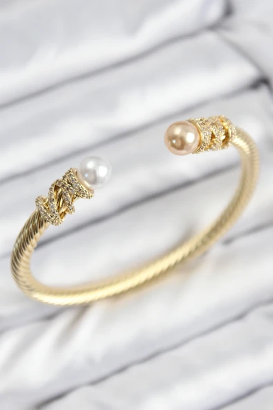 316L Çelik Zirkon Taşlı İnci Model Gold Renk Kadın Bileklik ürün görseli 1