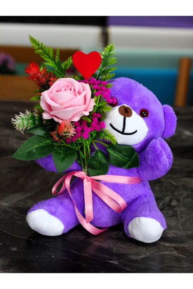 KUCAĞINDA PEMBE GÜL BUKETİ TUTAN 25cm SEVİMLİ PELUŞ AYICIK SEVDİKLERİNİZE HEDİYE ürün görseli