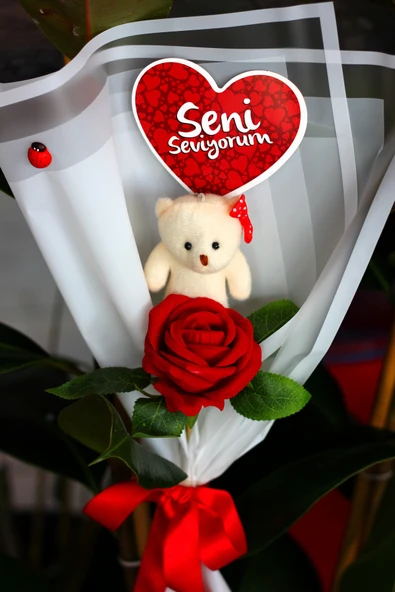 TEKLİ AYICIK BUKETİ & GÜL & SENİ SEVİYORUM KARTI Yıldönümü Doğum Gününe Özel Sevgiliye Hediye - Resim 3