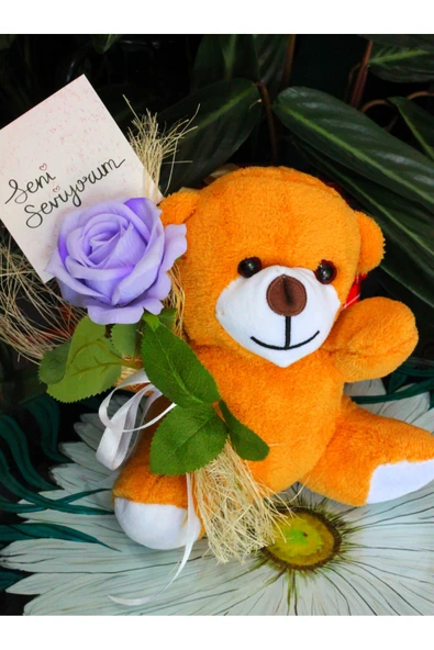 ELİNDE KADİFE GÜL & SENİ SEVİYORUM KARTI TUTAN 25cm PELUŞ AYI SEVDİKLERİNİZE ÖZEL GÜN HEDİYESİ - Resim 5