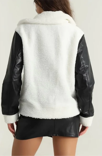 Deri garnili kuzu peluş mont beyaz t1220 - Resim 2