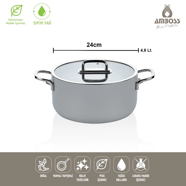 Amboss Sera Nova Seramik Yanmaz Yapışmaz Derin Tencere 24 Cm Gri - Resim 3