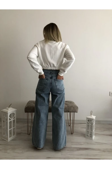 Kadın Mavi Yüksek Bel Jeans Geniş Paça - Resim 2