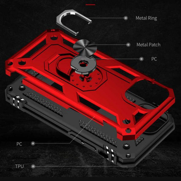 iPhone 13 Kılıf Yüzüklü Standlı Manyetikli Armor Zırh Silikon - Resim 5