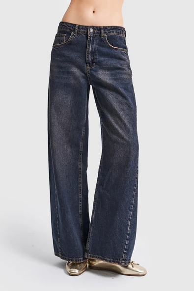 Kadın Kot Tint Rengi Düşük Bel Süper Wide Leg Fit Denim Pantolon - Resim 3