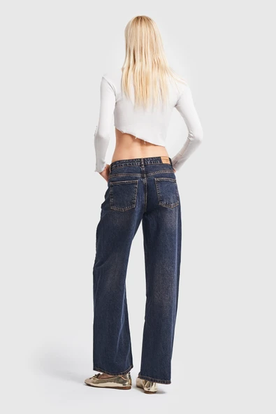 Kadın Kot Tint Rengi Düşük Bel Süper Wide Leg Fit Denim Pantolon - Resim 4