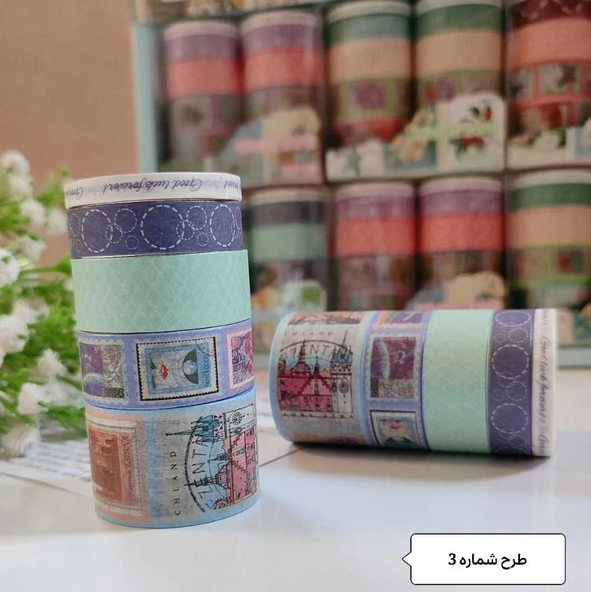 Vintage Washi Tape Bant Baskılı Yapışkanlı Maskeleme Kağıdı Desenli Bant 10'lu - Mavi Pul Mektup - Resim 2
