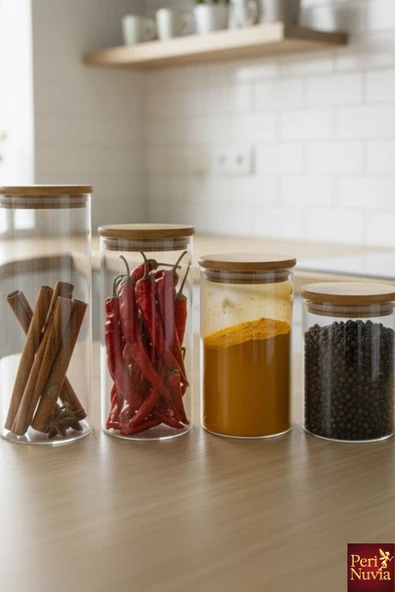 Borosilikat Cam 4’lü Baharat Kavanozu Seti Bambu Kapaklı Sızdırmaz Şık Tasarım - Resim 3