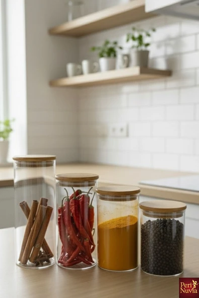 Borosilikat Cam 4’lü Baharat Kavanozu Seti Bambu Kapaklı Sızdırmaz Şık Tasarım ürün görseli 1