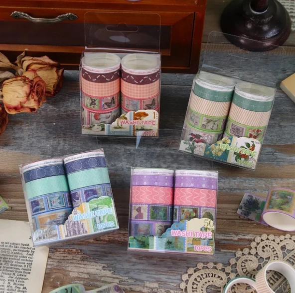 Vintage Washi Tape Bant Baskılı Yapışkanlı Maskeleme Kağıdı Desenli Bant 10'lu - Mavi Pul Mektup - Resim 4