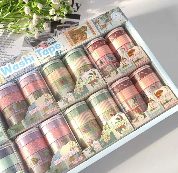 Vintage Washi Tape Bant Baskılı Yapışkanlı Maskeleme Kağıdı Desenli Bant 10'lu - Mavi Pul Mektup - Resim 5