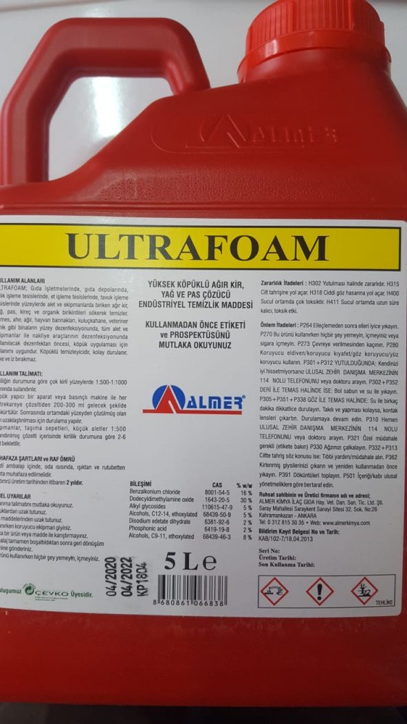 Ultrafoam 5 Litre Yüksek Köpüklü, Alkali Ağır Kir, Yağ Ve Pas Çözücü Dezenfektan Çözelti
