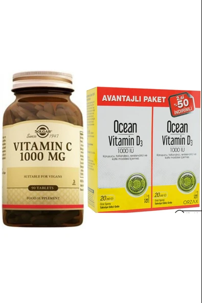 Solgar Vitamin C 1000 mg 90 Tablet + Vitamin D3 1000 Iu Sprey 20 Ml 2'li Paket ürün görseli